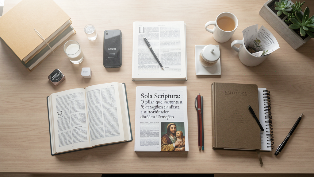 Imagem editorial ilustrando Sola Scriptura: O pilar que sustenta a fé evangélica e afasta a autoridade da Tradição